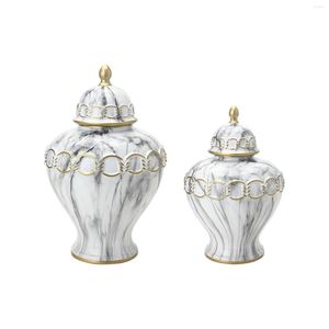 Garrafas de armazenamento vaso de cerâmica jarra de gengibre com tampa padrão de mármore mesa arranjo floral templo elegante versátil para estante decoração de prateleira