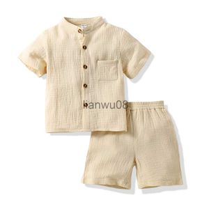 Clothing Sets Children Muslin 2Pcs Suits Baby Boys Cotton Linen High Stand Collar Solid Tshirtshorts Loungewear Pockets Comfort Kids Clothes x0803