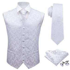 Men's Vests Barry.Wang Mens Classic White Floral Jacquard Silk Waistcoat Vests Handkerchief Party Wedding Tie Vest Suit Pocket Square Set 230804