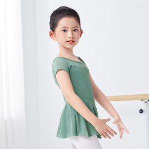 Stage Wear Ballet Body con gonna manica corta Abito da ballo per bambini in morbida maglia per bambini in cotone