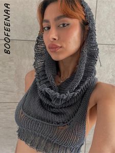 여자 조끼 BOOFEENAA 후드 소매 니트 스웨터 조끼 스트리트웨어 패션 섹시 Y2K 작물 가을 의류 여성 C71-CE17 230803