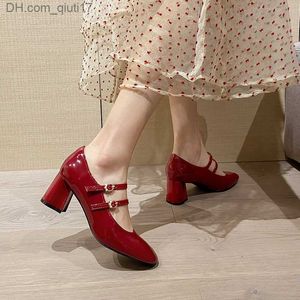 Dress Shoes Mary Jane Shoes High Heels Women's Small Leather Shallow Mouth Shoes Red 2022 New Thick High Heels Round Head One Word Band Z230804