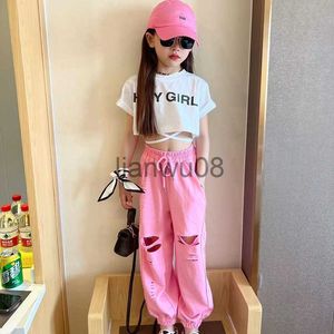 Kleidungssets Sommer Mädchen 2 Stück Set Kleinkind Crop Top oder Hosen Kinder Trainingsanzüge für Baby Kinder Streetwear Kleidung Bandage Loch Baumwolle 413Y x0803