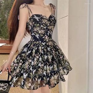 Casual Dresses Women Sexy Spaghetti Strap Lace Up Mini Dress Retro Floral Female Summer Holiday Beach Backless High Waist Sundress