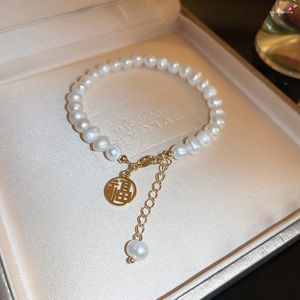 Strand ALLME Retro Unregelmäßige Süßwasser Perlen Armbänder Für Frauen Chinesische Brief Aushöhlen Münze Perlen Armband Zubehör