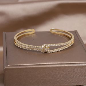 Bangle 14K real gold plating exquisite AAA luxury full zircon knot bracelet elegant womens wedding party opening adjustable 230803