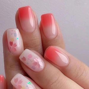 False Nails Short Square Round Head Fake Gradient Flower Pattern Wave Design Artificial Nail Tips Press On Wearable 24pcs