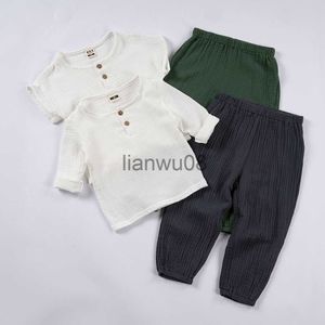 Set di abbigliamento 2PCS Mussola organica per bambini Abiti in cotone solido manica lunga Tshirtpants Tute Ragazzi Ragazze Abiti per bambini sciolti Set Estate x0803