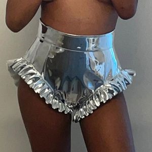 Damen-Shorts, glänzend, metallisch, Sommer, hohe Taille, einfarbig, PU-Leder, Rüschenbesatz, kurze Hosen, Gold, Silber, Rosa, 230803