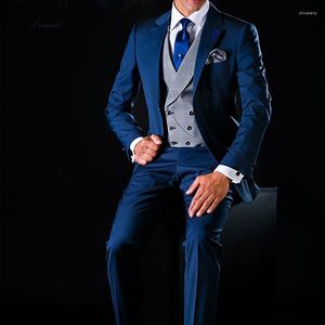 Herrenanzüge 3-teiliger Bräutigam-Smoking für Hochzeit Marineblau Slim Fit Männer mit fallendem Revers Mann Mode Jacke Graue Weste Hosen