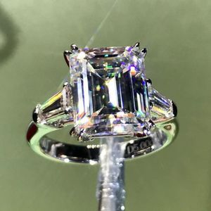 Wedding Rings Luxury Emerald cut 4ct Lab Diamond Ring 100% Original 925 sterling silver Engagement Wedding band Rings for Women Bridal Jewelry 230803