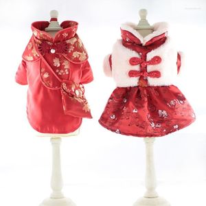 Abbigliamento per cani Tang Suit Nodo cinese Vestiti per animali domestici Abito caldo Cappotto Giacca Cucciolo di gatto Abbigliamento floreale per cani Teddy rosso