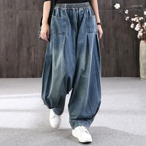 Damen Jeans Trendy Street Harlan Patchwork Plissee Hip Hop Denim Hose Elastische Taille Weibliche Hose mit weitem Bein