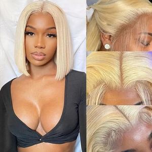 Perucas Sintéticas 613 Blonde Bob Wig 13x4 Human Hair Renda Frontal Brasileiro Liso Curto HD Front para Mulheres 230803
