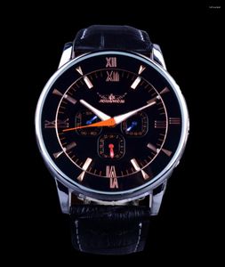 Armbandsur mode jaragar toppmärke automatisk mekanisk klocka män klär svart rosguld läderband 24 timmar auto datum