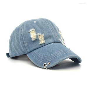 Ball Caps Fashion Worn Denim Baseball Cap With Iron Ring Ripped Washed Jean Hat Summer Outdoor Leisure