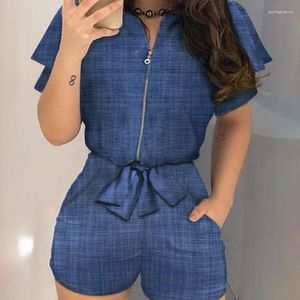 Women's Tracksuits Denim Look Print Zipper Design Top & Shorts Set Women 2pcs Clothes Summer Spring Short Sleeve Shirt High Waist