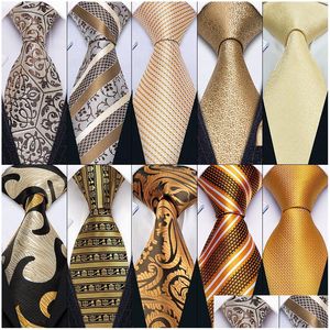 Neck Tie Set Gold Paisley Men Silk Necktie Fahsion Brooches Handkerchief Cufflinks Sets 12 Colors Gifts Barry.Wang Designer 220819 Dro Dh6Ua