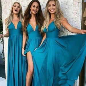 Country Teal Blue Chiffon Bridesmaid Dresses Long Sexy Deep V Neck Full Längd Summer Beach Maxi Prom Party Gowns Backless 2019 Fo273y