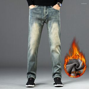 Calça jeans masculina de inverno quente vintage reta de lã elástica grossa de brim moda casual para homens