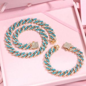 Kedjor 14mm Iced Out Cuban Link Chain Blue Rhinestone Halsband för kvinnor som bling Gold Silver Color Metal Miami Choker smycken