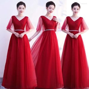 Ethnic Clothing Elegant Long Red Dress V-neck Lace Short Sleeve Bow Belt Party Evening