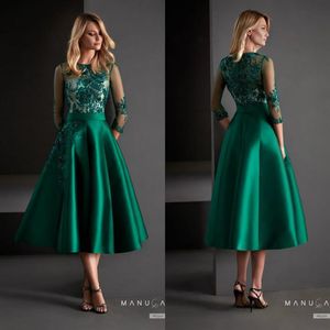2020 الأم الخضراء لفساتين العروس خط الساتان ذو طول الشاي بطول الزفاف فستان ضيف مخصص طويل الأكمام المسائية 220D