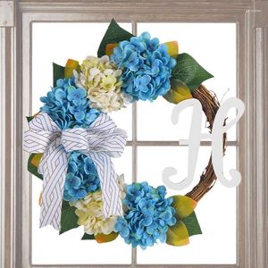 Decorative Flowers Blue And White Hydrangea Wreath Garland Front Door Artificial Flower With Bow Realistic Floral