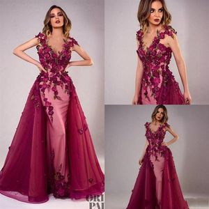 2020 Sexy Tony Chaaya Evening Dresses With Detachable Train Burgundy Beads Mermaid Prom Gowns Lace Applique Sleeveless Luxury Part154Q