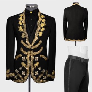 ウエディングメンズウェディングスーツの豪華な新郎ウェアショールラペルジャケットアップリケ3 PCカスタムメイド（Blazer+Pants+Vest）