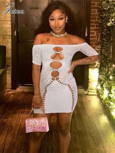 Party Dresses Joskaa Sexy Hollow Out Mini Dress Women Stunning See Through Off Shoulder Short Sleeve Body-Shaping Robe 2023 Night Club