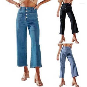 Calça jeans feminina Jean Capris para mulheres perna larga elástica cintura alta corte curto