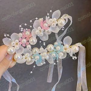 Pearl Wrist Flower for Girls Bridesmaid Wedding Armband Lace-Up Hand Flower Boutonniere Bridal Prom Accessories Party Decor