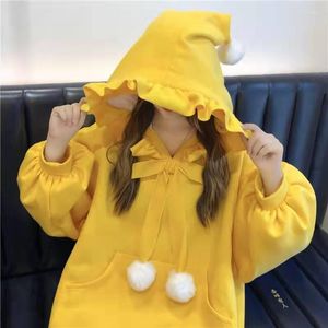 Moletons Femininos Moletons com Capuz Tops Menina com Capuz Vermelho Amarelo Ponto Sólido Pulôveres Soltos de Lã Bola Fofa Kawaii Bolso Canguru