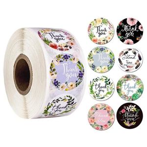 Adhesive Stickers Wholesale 500Pcs/Roll Round Floral Thank You Scrapbooking For Package Seal Labels Custom Sticker Decoration Drop Del Dhojf