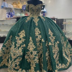 Green Shiny Quinceanera Dresses Ball Gown Applique Lace Beading Party Princess Sweet 16 Dress Tulle Lace-Up Back