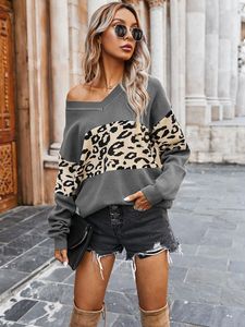 Kvinnors tröjor Leopard Patchwork Winter Sweater Women 2023 Fall Fashion V-ringen Stickad Jumper Streetwear Pull Femme Långärm Sweter