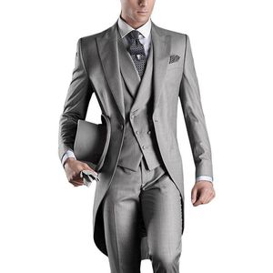 European Style Slim Fit Groom Tailcoats Light Grey Custom Made Prom Groomsmen Men Wedding Suits Jacket Pants Vest Tie Hanky2479