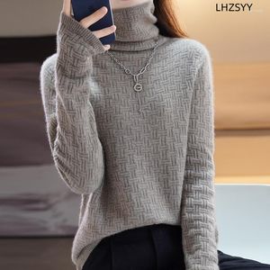 Kvinnors tröjor lhzsyy 2023 Autumn Winter Pure Wool tröja Turtleneck Knit Jumper A Line Seamless Loose Warm Topps Basskjorta