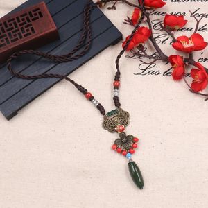 Pendant Necklaces Ethnic Style Ceramic Longevity Lock Jewelry Flower Necklace Sweater Chain