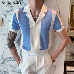 Erkek Polos Mens Kısa Kollu Örgü Spor Gömlek Modern Polo Gömlek Vintage Classics Stripes Örgü Düğmeli Gömlek Erkek Giysileri Golf Wear 230804