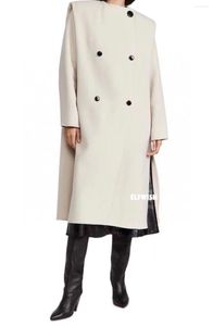 Women's Trench Coats Woman White Black Wool Blend Double Breasted Shoulder Pad Long SLeeves Round Neck