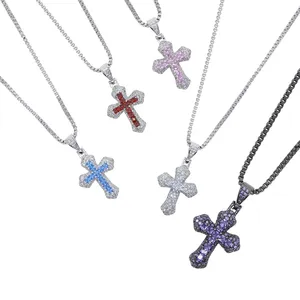 Fashion Designer 5 Colors Mini Small Cross Charm Pendant Necklace Hip Hop Women Men Full Paved 5A Cubic Zirconia Party Gift Jewelry