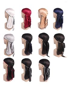 Berets Women Men Satin Silky Head Wrap Durag 2023 Fashion Headwear Cap Long Beanies Breathable Turban Hat Handband Hair-Accessories