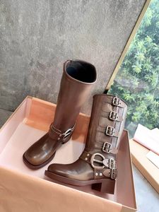 stivali firmati stivali invernali stivali da donna stivali alti alla coscia bottes fibbia della cintura stivali da cavaliere stivali moda marroni pelle bovina punta tonda tacco spesso tacco medio nuovi stivali rock