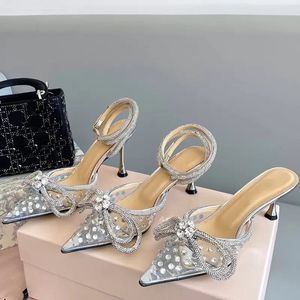 2023 Mach Athestone Trape Shoes для женщин хрустальные украшенные луками высокие каблуки дизайнерские каблуки прозрачные жемчужные буровые тапочки 9,5 см каблуки женская обувь