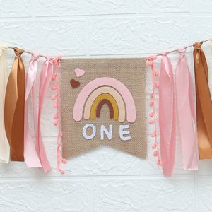 Banner Flags Boho rainbow party decorations Birthday 1 year Girl Happy 1st One Year Birthday Chair Banner Baby Shower Gender Reveal 230804