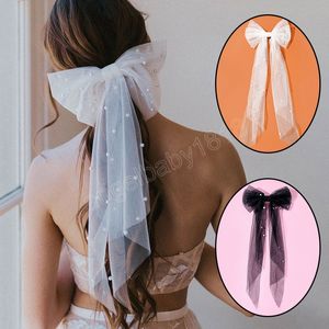 New Women Long Ribbon Mesh Bow Hair Clip Elegant Imitation Pearls White Black Ponytail Hairpin Wedding Party Hair Accessory Gift