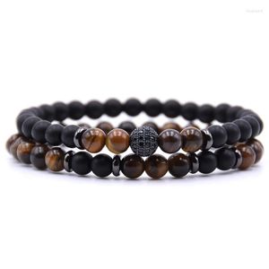 Charm Bracelets 6MM 2PCS/set Natural Tiger-eye Stone Beads Bracelet Black CZ Wristband For Man Women Handmade Jewelry