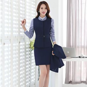 Two Piece Dress Sets Women Business Suits With Skirt And Top Ladies Dark Blue Waistcoat & Vest Office Uniform Designs